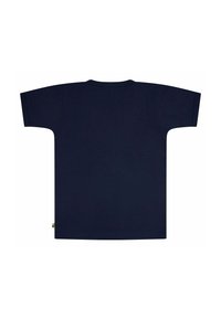 Donkerblauw T-shirt met korte mouwen en een ronde hals, gemaakt van zachte stof; heeft een rechte snit en een klein merketiket aan de onderrand.