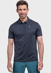 Dunkelblaues Poloshirt aus strukturiertem Stoff, mit Kragen, Drei-Knopf-Leiste und einem dezenten Logo auf der Brust.