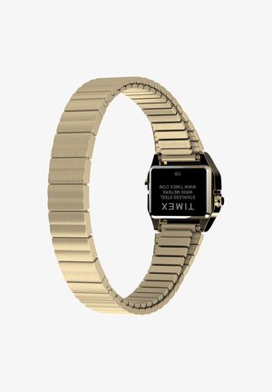 Guldfarvet rustfrit stål ur med en rektangulær sort urskive, slankt armbånd bestående af teksturerede led, og en enkel låsemekanisme.