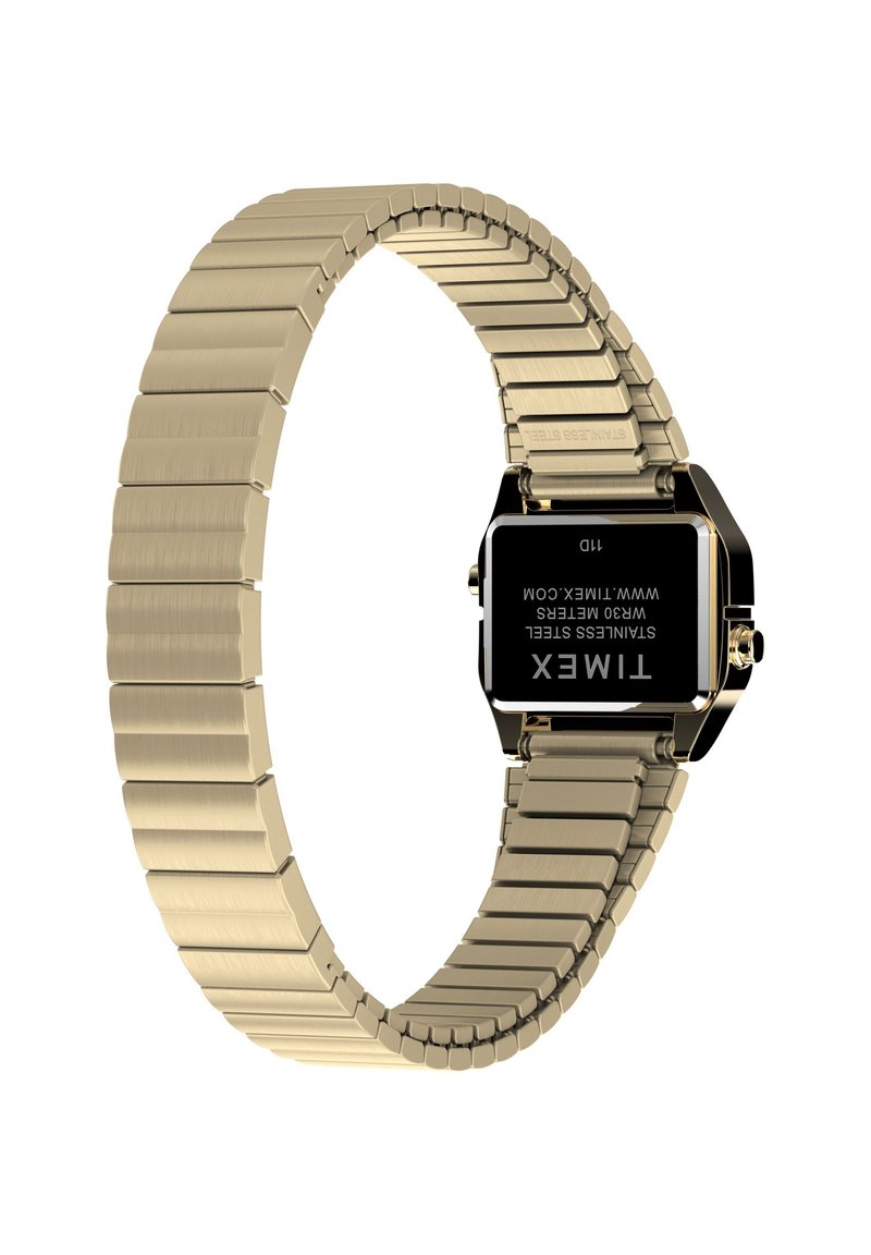 Gold stainless steel watch with a rectangular black face, sleek band composed of textured links, and a simple clasp mechanism.
