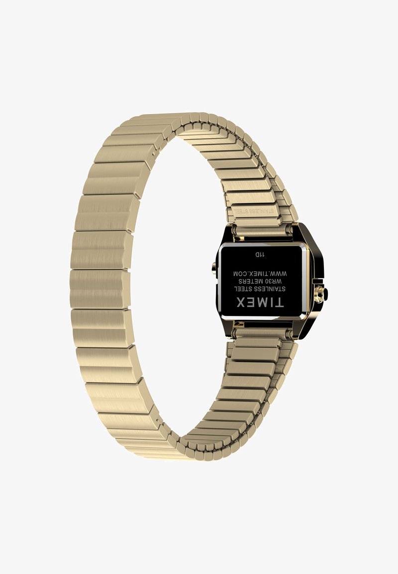 Gold stainless steel watch with a rectangular black face, sleek band composed of textured links, and a simple clasp mechanism.