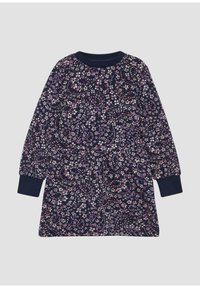 Langärmliges marineblaues Kleid mit lila und weißen Blumenmuster, gerippten Bündchen und Halsauschnitt sowie einer gerafften Taille.