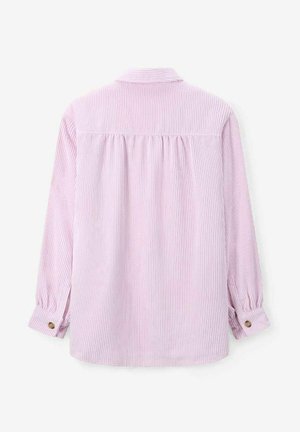 Light pink long-sleeved shirt with vertical stripes, featuring a fold-down collar, gathered back yoke, and buttoned cuffs.