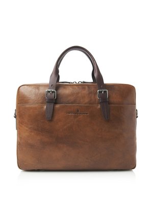 Brown leather briefcase with two top handles, silver hardware, and buckle accents. Smooth texture with a subtle sheen, featuring a logo detail.