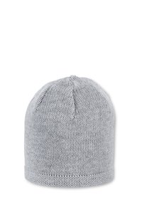 Gray knitted beanie hat with a rounded shape, textured fabric, and ribbed hem. Features a seam detail at the top for added design.
