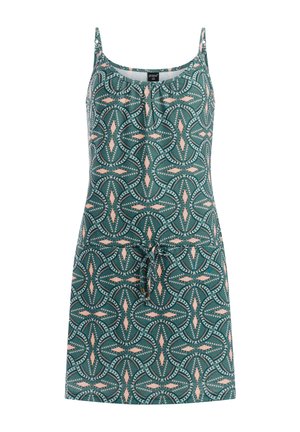 Mouwloze teal jurk met roze en donkergroene geometrische patronen, dunne bandjes, scoop-halslijn en een taille met trekkoord.