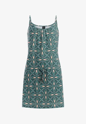 Mouwloze teal jurk met roze en donkergroene geometrische patronen, dunne bandjes, scoop-halslijn en een taille met trekkoord.