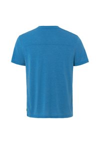Blauwe T-shirt met korte mouwen, gemaakt van zachte stof, met een ronde hals en een eenvoudig, naadloos ontwerp aan de achterkant met een klein logo aan de zijkant.