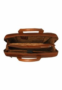 Braune Lederaktentasche mit zwei Fächern, Innentaschen und Griffen. Mit einem steppgefütterten Innenfutter und einer Reißverschlusstasche.