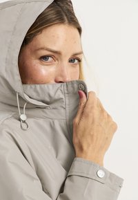 Lichtgrijze hoodie met een ritskraag, verstelbare trekkoord en drukknoopjes. Glad textuur en casual ontwerp met een verborgen knoopsluiting.