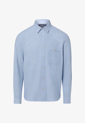 Hellblaues Langarmhemd mit dünnen weißen Streifen, Button-Down-Kragen, einer Brusttasche und rundem Saum mit knöpfbaren Manschetten.