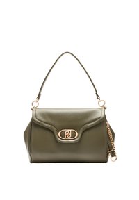 Borsa a mano in pelle verde oliva con una forma strutturata, manico superiore, hardware in tono oro e un accento decorativo a catena sul lato.