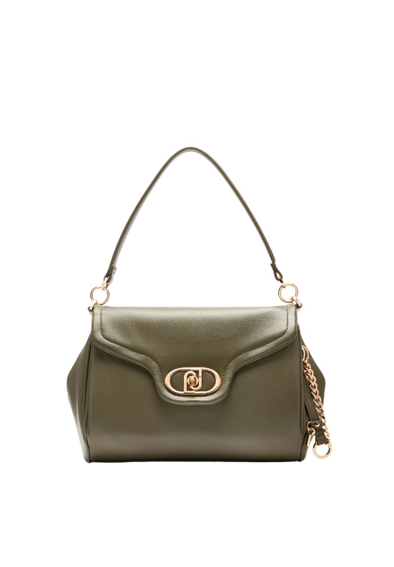 Borsa a mano in pelle verde oliva con una forma strutturata, manico superiore, hardware in tono oro e un accento decorativo a catena sul lato.