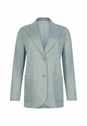 Hellblauer Leinen-Damenblazer mit Spitzenrevers, zwei vorderen Knöpfen und zwei vorderen aufgesetzten Taschen, dargestellt auf weißem Hintergrund.