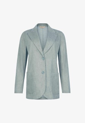 Lyseblå linnedameblazer med hakket revers, to frontknapper og to frontlaplommer, vist på hvid baggrund.