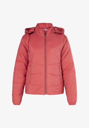 Jachetă roz căptușită cu glugă, prevăzută cu fermoar în față, manșete elastice și modele de cusături diagonale. Textură ușoară și netedă.