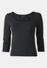 Black long-sleeve t-shirt made from soft cotton, featuring a wide scoop neckline and a fitted design, with a smooth texture and no patterns.