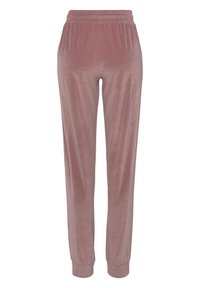 Velours joggers in stofdusty rozen, met een elastische tailleband, tapered beenontwerp en omgeslagen manchetten. Zachte textuur en een gladde afwerking.