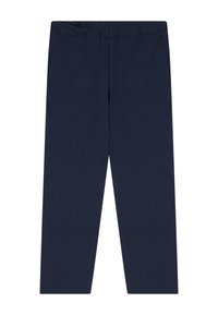 Navy blue cotton leggings with an elastic waistband, featuring a smooth texture and full-length design, no patterns or embellishments.