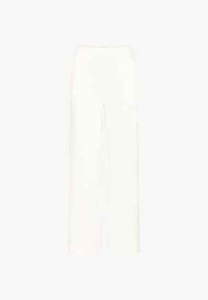 Biele nohavice s širokými nohavicami, vysokým pásom a bočnými vreckami, s čistým, minimalistickým dizajnom na jednofarebnom pozadí.