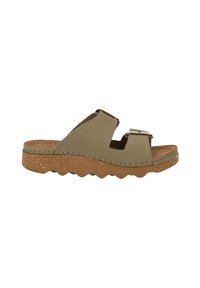 Olive green slide sandal with open toe, two straps, gold hardware, and textured cork-like outsole featuring a wavy design.