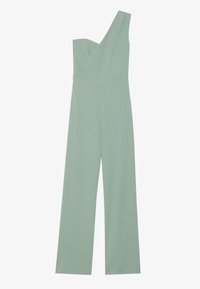 Mono de un hombro en verde claro, con un corpiño ajustado y pantalones de pierna ancha, confeccionado con una tela suave y lisa con detalles de costura mínimos.