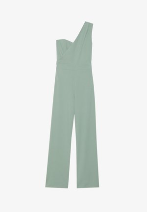 One-shoulder jumpsuit in light green, featuring a fitted bodice and wide-leg pants, made from soft, smooth fabric with minimal seam details.