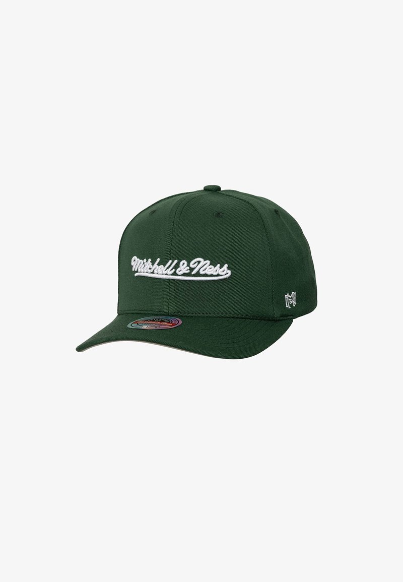 Green baseball cap featuring white embroidered "Mitchell & Ness" logo, flat brim, and six-panel design with ventilation eyelets.