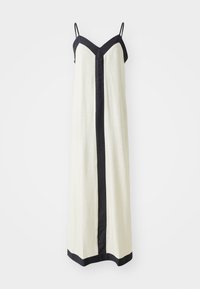 Ärmelloses Maxikleid in Creme mit tiefem V-Ausschnitt und schwarzem Besatz entlang der Kanten und vorne. Hergestellt aus leichtem Stoff.