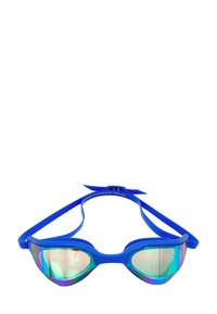 Blue swimming goggles with mirrored lenses, silicone straps, and a streamlined design for optimized fit and performance.