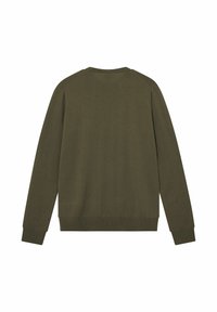 Olijfgroene sweatshirt met lange mouwen, geribbelde manchetten en zoom. Gladde stofstructuur. Eenvoudig ontwerp, geen patronen of zichtbare merken.