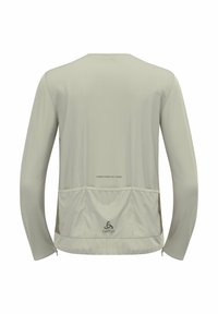 Lichtgrijs langslagrig shirt gemaakt van een gladde stof, met een ronde hals, en een achterzak met rits, inclusief bedrukte tekst en logo.