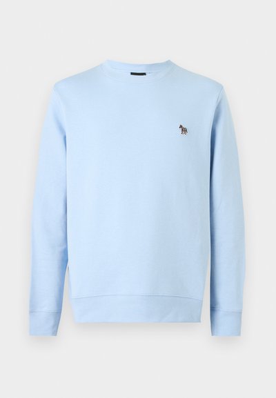 Sweat-shirt bleu clair col rond à manches longues avec un petit logo zèbre multicolore sur la poitrine gauche.