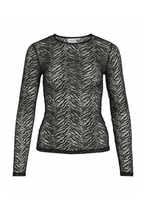 Zwarte lange mouw mesh top met zebra print patroon en ronde halslijn, aansluitende pasvorm, semi-transparante stof.