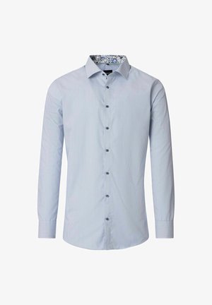 Hemelsblauwe overhemden met verticale strepen, lange mouwen en een bedrukt kraag. Het heeft donkerblauwe knopen en een slim fit.