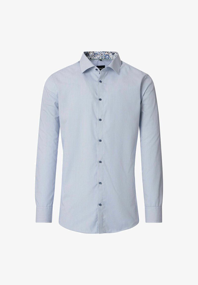 Hemelsblauwe overhemden met verticale strepen, lange mouwen en een bedrukt kraag. Het heeft donkerblauwe knopen en een slim fit.