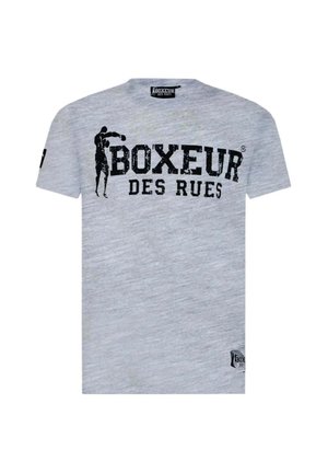T-shirt grigio a maniche corte con una stampa grafica nera di un pugile e il testo "BOXEUR DES RUES". Realizzato in morbido cotone.