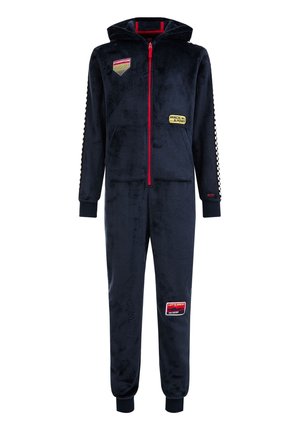 Marineblauer Kapuzen-Einteiler mit rotem Reißverschluss, karierten Streifen an den Ärmeln und Rennaufnähern mit den Aufschriften "Champion", "Race Sport" und "Let's Race".