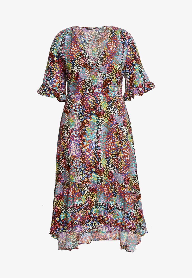 Robe midi fleurie multicolore avec col en V, manches volantées aux coudes et ourlet légèrement évasé, confectionnée dans un tissu léger et fluide.