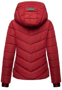 Red padded jacket with a chevron pattern, a removable hood, and contrasting black cuffs. Features a brand label at the neck.