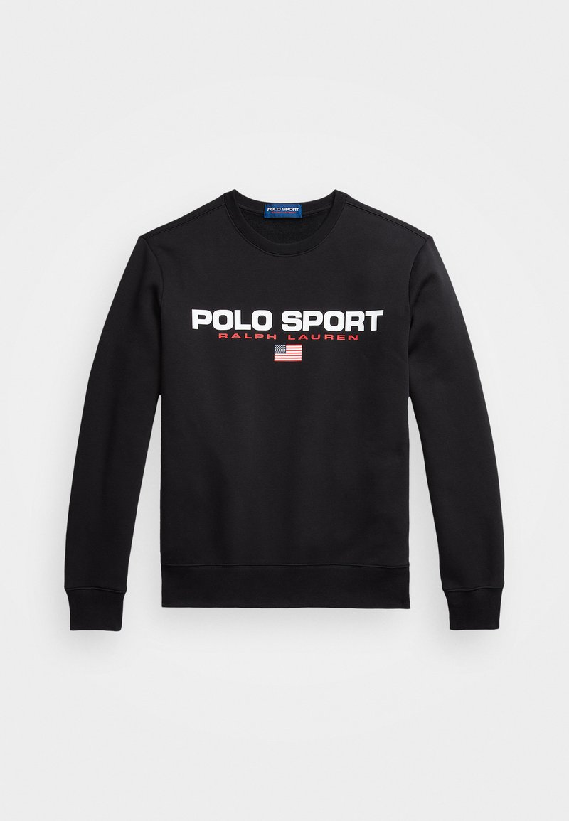 Schwarzer Pullover aus weichem Material, verfügt über einen Rundhalsausschnitt, lange Ärmel und ein weißes "POLO SPORT"-Logo mit roten Akzenten und einer amerikanischen Flagge.