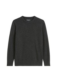 Ciemnoszary sweter z dzianiny z okrągłym dekoltem, długimi rękawami oraz ściągaczami przy mankietach i u dołu. Wykonany z miękkiego, teksturowanego materiału z delikatnym wzorem.