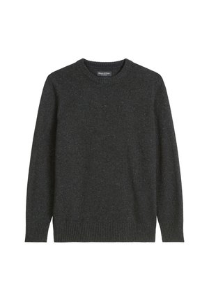 Dunkelgrauer, gestrickter Pullover mit Rundhalsausschnitt, langen Ärmeln sowie gerippten Manschetten und Saum. Hergestellt aus einem weichen, strukturierten Stoff mit einem subtilen Muster.