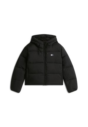 Svart kort pufferjacka med huva, med dragkedjestängning, elastiska muddar och en liten logotyp på vänster fram.