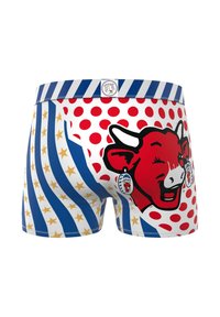 Boxers ajustés pour homme avec des pois rouges, des rayures bleues et blanches avec des étoiles dorées, et un grand logo de visage de vache rouge au dos.