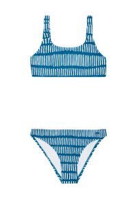 Kaksiosainen bikinit, joissa on sininen pohja ja valkoiset pystysuorat raidat. Yläosa on nelikulmainen kaula-aukko ja paksut olkaimet; alaosa on klassinen leikkaus.