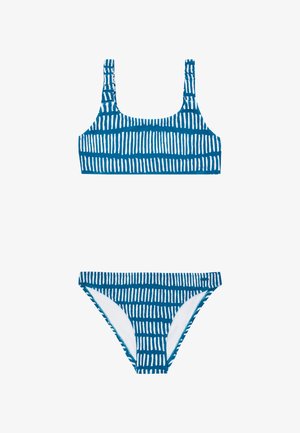 To-delt bikini med en blå bund med hvide lodrette striber. Toppen har en firkantet udskæring og tykke stropper; bunden er i klassisk snit.