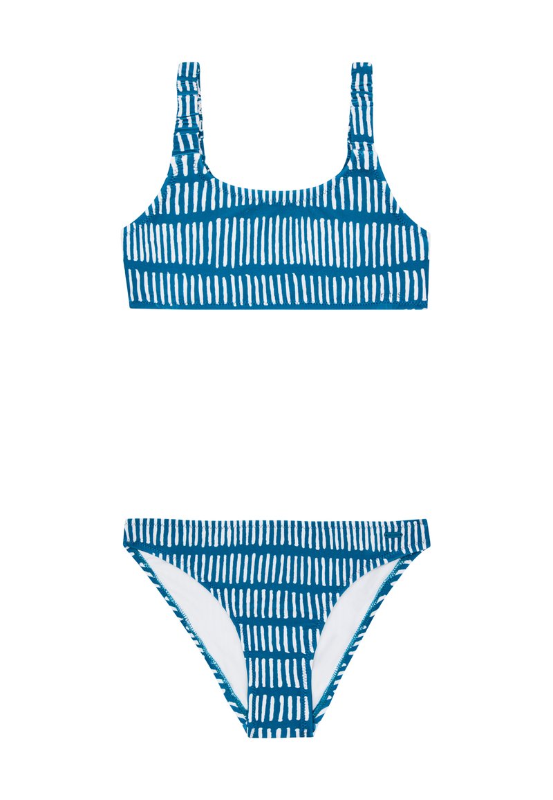 Kaksiosainen bikinit, joissa on sininen pohja ja valkoiset pystysuorat raidat. Yläosa on nelikulmainen kaula-aukko ja paksut olkaimet; alaosa on klassinen leikkaus.