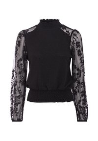 Haut noir avec un col smocké haut, de longues manches en dentelle transparente ornées de motifs floraux, et une taille smockée ajustée. Tissu doux avec des détails texturés.