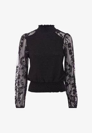 Haut noir avec un col smocké haut, de longues manches en dentelle transparente ornées de motifs floraux, et une taille smockée ajustée. Tissu doux avec des détails texturés.